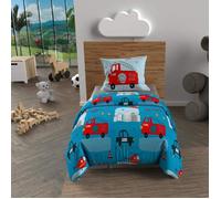 Soleil d'ocre, Parure Housse de Couette 140x200 cm Pompiers Bleu, 100% Coton 57 Fils/cm2