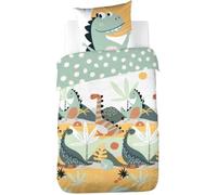 Parure de lit Enfant Réversible Dinosaures Prehisto Vert - CÔTE DECO - 140x200cm + 1 taie d'oreiller 63x63cm