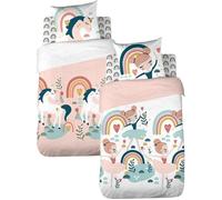 Parure de lit Enfant Réversible Licorne et Danseuse Rose Housse de Couette 140x200cm + 1 taie d'oreiller 63x53cm 100% Coton Bio*