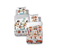 Parure de lit Enfant Réversible Pompier et Pirate Housse de Couette 140x200cm + 1 taie d'oreiller 63x53cm 100% Coton Bio*