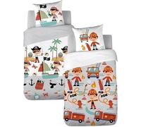 Parure de lit Enfant Réversible Pompier et Pirate Housse de Couette 140x200cm + 1 taie d'oreiller 63x53cm 100% Coton Bio*