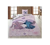 Stitch Angel Love Housse de Couette 140x200 + Taie 65x65 Rose Violet Disney | Parure de lit réversible 1 personne | Coton & polyester séchage rapide | Lilo & Stitch | Cadeau ado | Lavable en machine