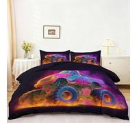 Parure de Lit Fantastique Microfibre Douce avec Fermeture Éclair 220 X 240 | Housse de Couette Réversible avec Taie D’Oreiller Multicolore, Parure de Lit Monster Truck en Flammes Doux et Respirant