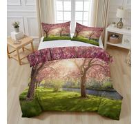 Parure de Lit Fleurs de Cerisier Prairie, Housse de Couette Paysage Naturel Printemps Microfibre Linge de Lit 240x260 2 Personnes Literie avec Fermeture Éclair et 2 Taies D'oreiller 80x80 cm