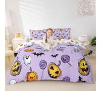 Parure de lit gothique avec tête de mort et lanterne, citrouille, pour chambre de garçon, housse de couette chauve-souris, violet et noir, 1 taie d'oreiller, pas de remplissage