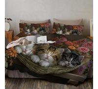 Parure De Lit Hamac pour Trois Chats Housse Couette Animaux De Dessin Animé Réconfortants Garçons Filles Léger Microfibre avec Fermeture, Orange Housse De Couette 140 x 200 cm Décoration 2 PièCes