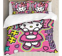 Parure De Lit Hello Cat Kitty, Housse De Couette Imprimée En 3d, Motif Chat Mignon Avec Double Queue De Cheval Et Robe De Princesse, Ensemble De Literie Décoratif 3 Pieces Avec 2 T