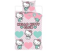 Parure de Lit Hello Kitty Club 100% Coton - Housse de Couette Réversible 135x200 cm et Taie d'oreiller 80x80 cm - Certifiée Oeko-Tex Standard 100 - Design Rose et Turquoise pour Enfant