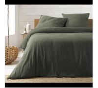 Parure de lit Housse de couette 2 personne + 2 taies d'oreiller en gaze de coton 240 x 260 cm coloris kaki
