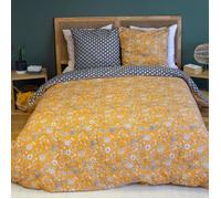 Parure de lit - Housse de Couette - 220x240 cm - 100% Coton - Imprimé Floral Jaune, Bleu - Réversible