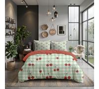 Parure de Lit Housse de Couette 3D Réversible Microfibre 200x200cm Double Face avec Fermeture Éclair Douce Respirante Facile d’Entretien,Cherry Bow,Motif à Carreaux de Fruits Style champêtre