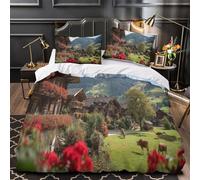 Parure De Lit Housse De Couette Motif Chalet Suisse Traditionnel 3D, Imprimé Vaches paissant paisiblement 3 Pièces, Literie en Microfibre pour Enfants Super King(260x220cm)