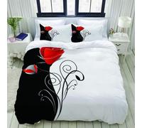 Parure De Lit,Illustration De Fond Floral Beaut¿¿ Noir Et Blanc Avec Un Bouquet De Roses Rouges, Housse De Couette X + Taies D'oreillers