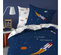 MATT & ROSE Parure de Lit Enfant Explore Space 140x200 cm | 100% Coton | Oeko-TEX | Housse de Couette 1 Personne 140x200 cm 1 Taie d'oreiller 63x63 cm Imprimés Réversibles | Bleu