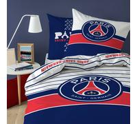 PSG LOGO Parure de lit | 100% Coton | OEKO-TEX | Housse de couette 200x200cm + Taie d'oreiller 63x63cm | Imprimé Garçon | Bleu/Blanc/Rouge