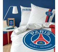 PSG Retro White Parure de Lit | Housse de Couette Enfant 1 Personne 140x200 cm + 1 Taie d'oreiller 63x63 cm Imprimées Reversibles | 100% Coton | Oeko-TEX | Blanc