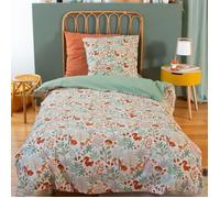 Parure de lit imprimée 140x200 cm Enfant - Housse de Couette + 1 Taie d'oreiller Animaux de la forêt Vert Marron et Orange- Coton