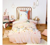 Parure de lit imprimée 140x200 cm Enfant - Housse de Couette + 1 Taie d'oreiller Motif Licorne cœur avec Poche Doudou -Microfibre
