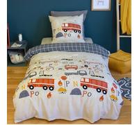 Parure de lit imprimée 140x200 cm Enfant réversible- Housse de Couette + 1 Taie d'oreiller Motif Pompier Bleu et Beige- Microfibre