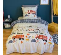 Parure de lit imprimée 140x200 cm Enfant réversible- Housse de Couette 140x200 cm + 1 Taie d'oreiller 63x63 cm Motif Pompier Bleu et Beige- Sets de Housse de Couette en Microfibre