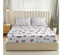 Parure De Lit Imprimée 160 X 200 Cm Forme De Cœur Cœur d'amour Cils Drap Housse Microfibre avec Bonnet 30 Cm Et 2 Taies d'oreiller 65X65 Cm - Ensemble De Lit Doux, Respirant Et Grand Teint Rose