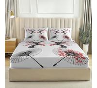 Parure De Lit Imprimée 160 X 200 Cm Parapluie en Papier De Style Chinois Fleur De Prunier Drap Housse Microfibre avec Bonnet 30 Cm Et 2 Taies d'oreiller 65X65 Cm - Ensemble De Lit Doux Rouge