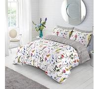 Parure de lit imprimée 3 pièces, 100 % percale de coton 200 fils au pouce carré, housse de couette réversible, blanc, noir, gris anthracite, lit double, super king size (fleurs blanches, king size)