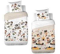 Parure de lit imprimée bi-Histoire 140x200 cm Enfant - Housse de Couette 140x200 cm + 1 Taie d'oreiller 63x63 cm Motif Indien et Pirate Beige et Blanc - Sets de Housse de Couette en Coton