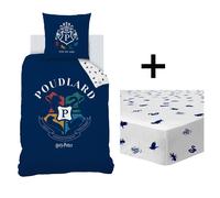 Parure de lit imprimée + drap housse 100% coton, harry potter blason bleu 140X200 63X63