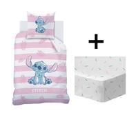 Parure De Lit Imprimée + Drap Housse 100% Coton, Stitch Stripe Blanc, Rose 140X200 63X63