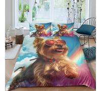 Parure De Lit Imprimée Yorkshire Terrier en 3D Animaux Housse De Couette avec Fermeture Éclair Microfibre + 2 Taie d'oreiller pour Couple King（220x240cm）