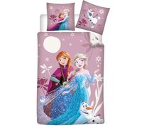 Parure de Lit La Reine des Neiges 3 Pièces - Housse de Couette 140x200 cm + Taie d'oreiller 65x65 cm + Drap Housse 90x200 cm - Elsa, Anna & Olaf - Polycoton - Rose & Bleu