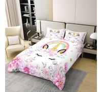 Parure de lit licorne pour enfants 100 % coton, housse de couette motif floral, arc-en-ciel, étoiles, cils mignons, housse de couette fantaisie, rose blanc, 2 taies d'oreiller (sans couette)