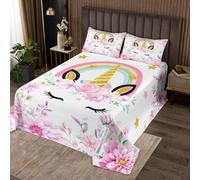 Parure de lit licorne pour enfants, motif floral, arc-en-ciel, décoration de chambre de fille et garçon, motif étoiles, cils mignons, couvre-lit matelassé, rose et blanc, 1 taie d'oreiller