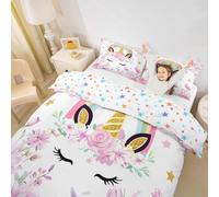 Parure de lit licorne pour enfants, motif floral, arc-en-ciel, étoiles, cils mignons, décoration de chambre de filles et garçons, rose blanc, 2 taies d'oreiller (sans couette)