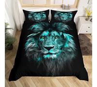 Parure de Lit Lion Bleu 220x240cm Safari 3D Motif Animaux Sauvage Parure Housse de Couette Décoratif Faune Style Décor Parure de Lit Crack Design Brique 3 pièces