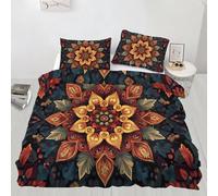 Parure de lit mandala avec housse de couette et 2 taies d'oreiller Motif fleurs mystérieuses - Doux et léger - Facile d'entretien - Pour chambre d'amis adultes (220 x 230 cm)