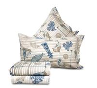 Parure de lit Mediterraneo Beige rayé bateau poissons mer été 100 % coton Made in Italy - Lit taille 1 place et 1/2 avec 2 taies d'oreiller