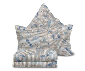 Parure de lit Mediterraneo Beige rayé bateau poissons mer été 100 % coton Made in Italy - Lit taille 1 place