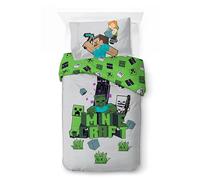 Parure de lit Minecraft 100% Coton | Housse de Couette 140x200 cm + Taie d'oreiller 50x70 cm | Linge de lit Enfant Doux et Respirant | Décoration de Chambre Minecraft Amusante (Construire & Explorer)