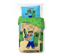 Parure de lit Minecraft 100% Coton | Housse de Couette 140x200 cm + Taie d'oreiller 50x70 cm | Linge de lit Enfant Doux et Respirant | Décoration de Chambre Minecraft Amusante (Sable & Châteaux)
