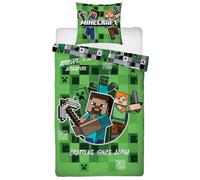 Parure de Lit Minecraft Adventure Vert, Housse de Couette Réversible 140x200 cm, Taie d'oreiller 63x63 cm, avec Creeper, Steve et Alex. Textile Oeko-Tex. pour Lit 1 Personne.