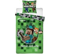 Parure de Lit Minecraft Adventure Vert, Housse de Couette Réversible 140x200 cm, Taie d'oreiller 63x63 cm, avec Creeper, Steve et Alex. Textile Oeko-Tex. pour Lit 1 Personne