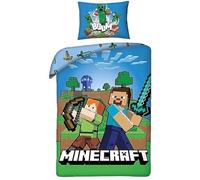 Parure de Lit Minecraft Bros 100% Coton - Housse de Couette Réversible 140x200 cm + Taie d'oreiller