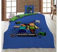 Parure de Lit Minecraft - Housse de Couette 140x200 cm + Taie d'oreiller 63x63 cm - Microfibre Ultra-Douce - Design Officiel Steve & Alex avec Creeper - Parure Réversible Enfant/Ado