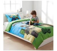 Parure de Lit Minecraft, Housse de Couette Réversible 140x200 cm, Taie d'oreiller 65x65 cm, 100% Coton