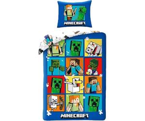 Parure de Lit Minecraft Update Bleue, Housse de Couette Réversible 140x200 cm, Taie d'oreiller 63x63 cm, avec Creeper, Steve et Alex. Textile Oeko-Tex. pour Lit 1 Personne.