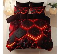 Parure de Lit Minimaliste Punk Géométrique Hexagones Thème, Rouge Brunâtre Housse de Couette en Microfibre Légère, Ensemble Réversible avec Fermeture Éclair pour Été Fille Enfant Ado, 140 x 200 cm
