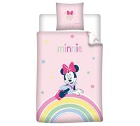 Parure de Lit Minnie Rainbow, 1 Personne, Housse de Couette Réversible 140x200 cm + Taie d'oreiller 65x65 cm, Rose, Polycoton