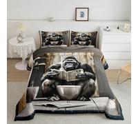 Parure de lit moderne à motif chimpanzé pour enfants, motif journal gorille noir, décoration de chambre de filles et de garçons, motif animal sauvage amusant, 2 taies d'oreiller, très grand lit
